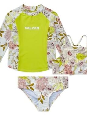 Volcom Girl's Lime Green Floral Long Sleeve Rashguard & Swim Suit Set New 14/16